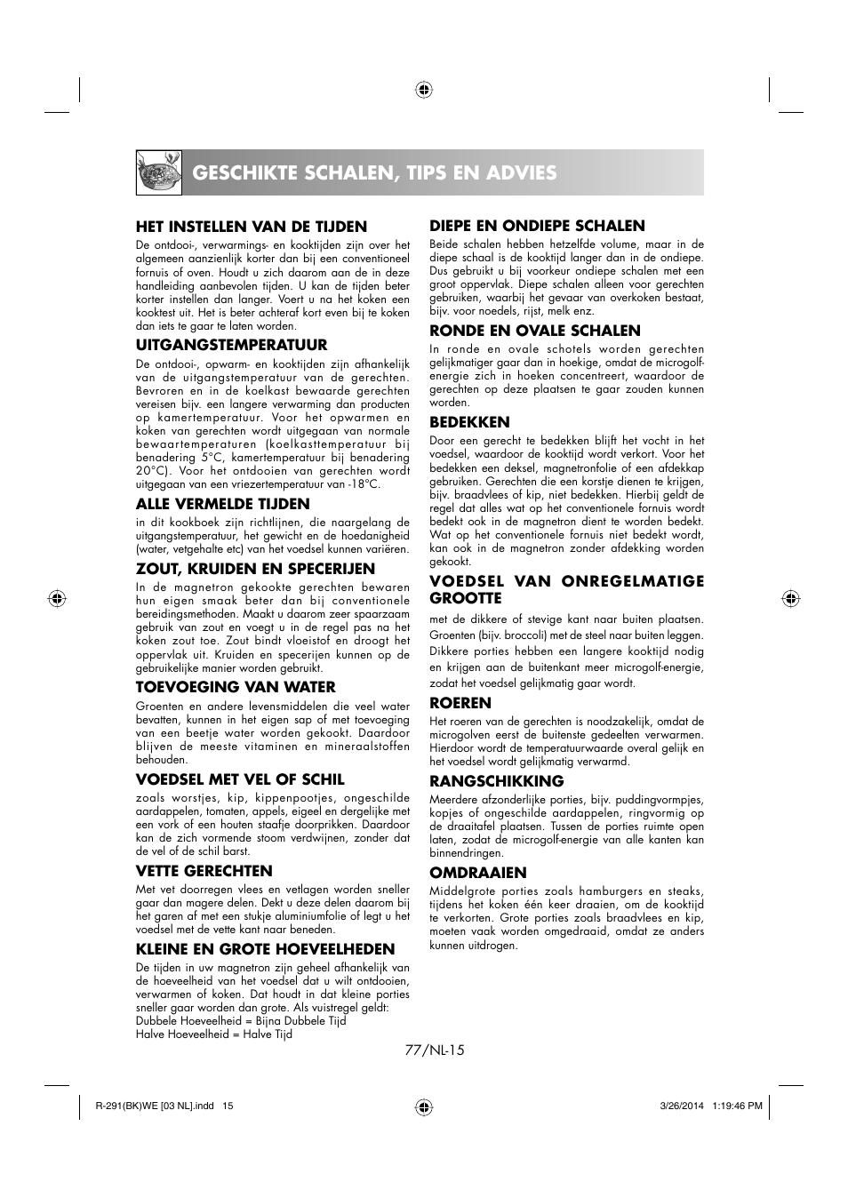 Geschikte schalen, tips en advies | Sharp R-291BKWE User Manual | Page 78 / 210