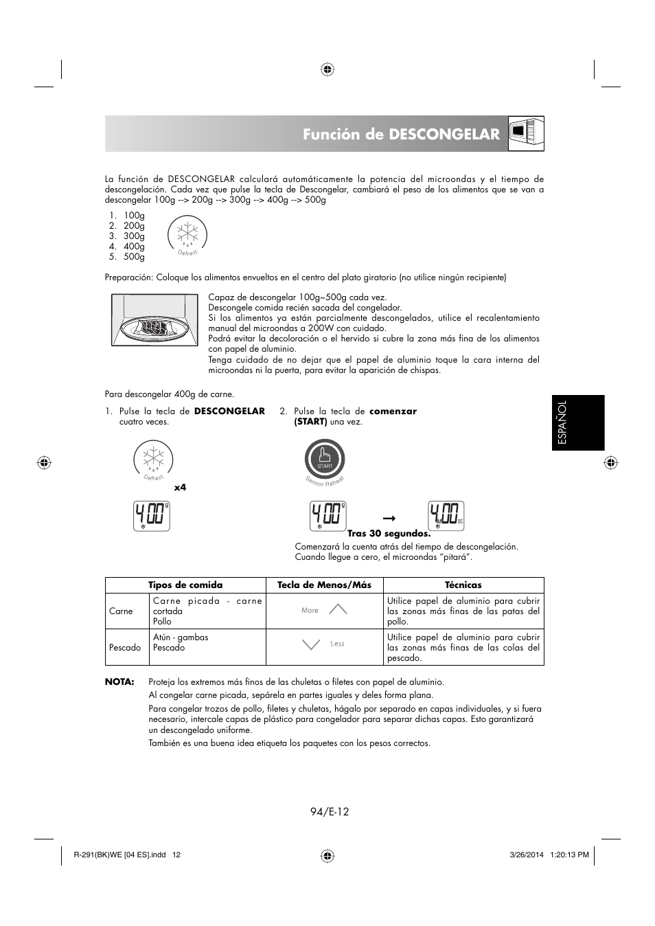 Función de descongelar | Sharp R-291BKWE User Manual | Page 95 / 210