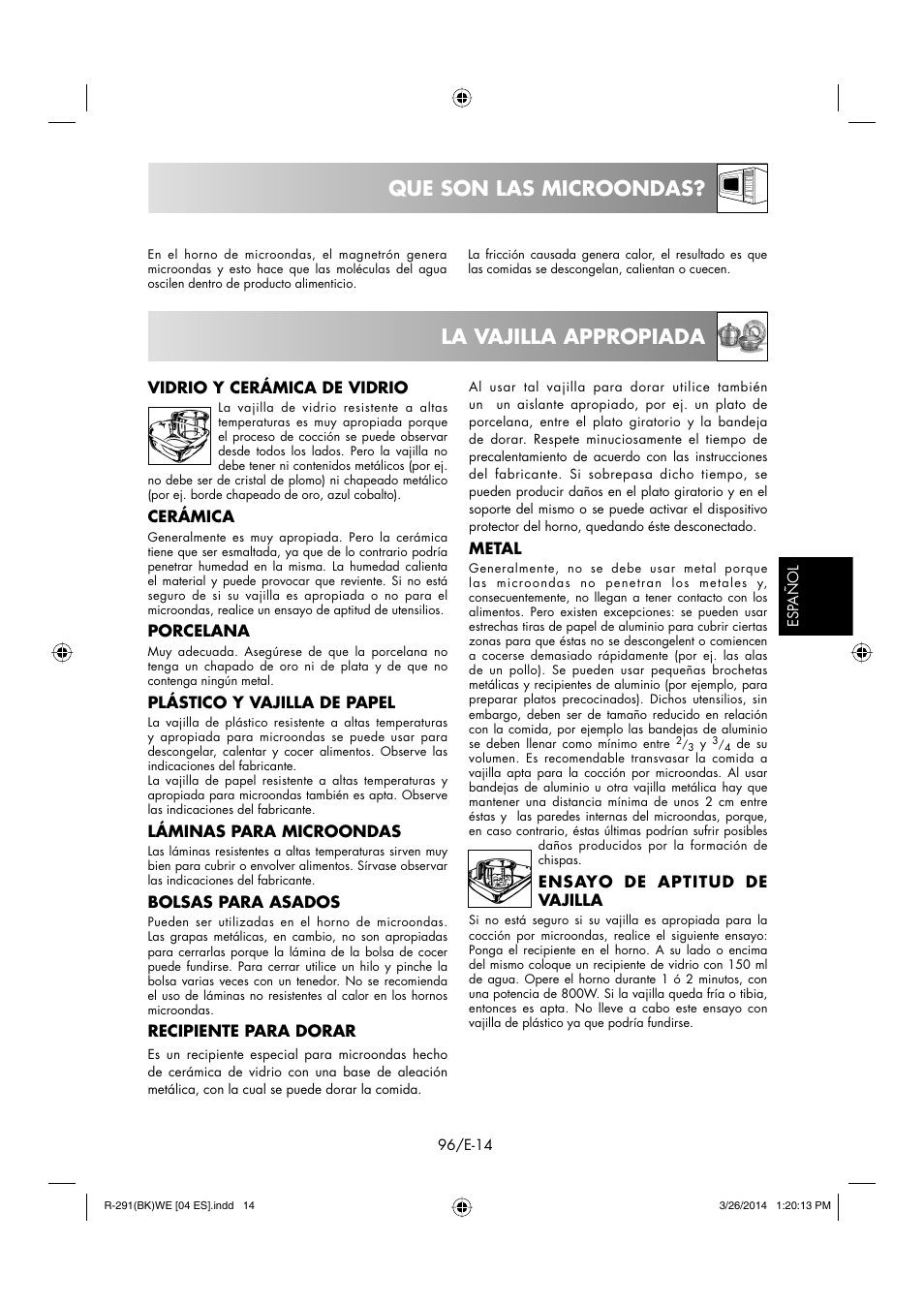 Que son las microondas? la vajilla appropiada | Sharp R-291BKWE User Manual | Page 97 / 210