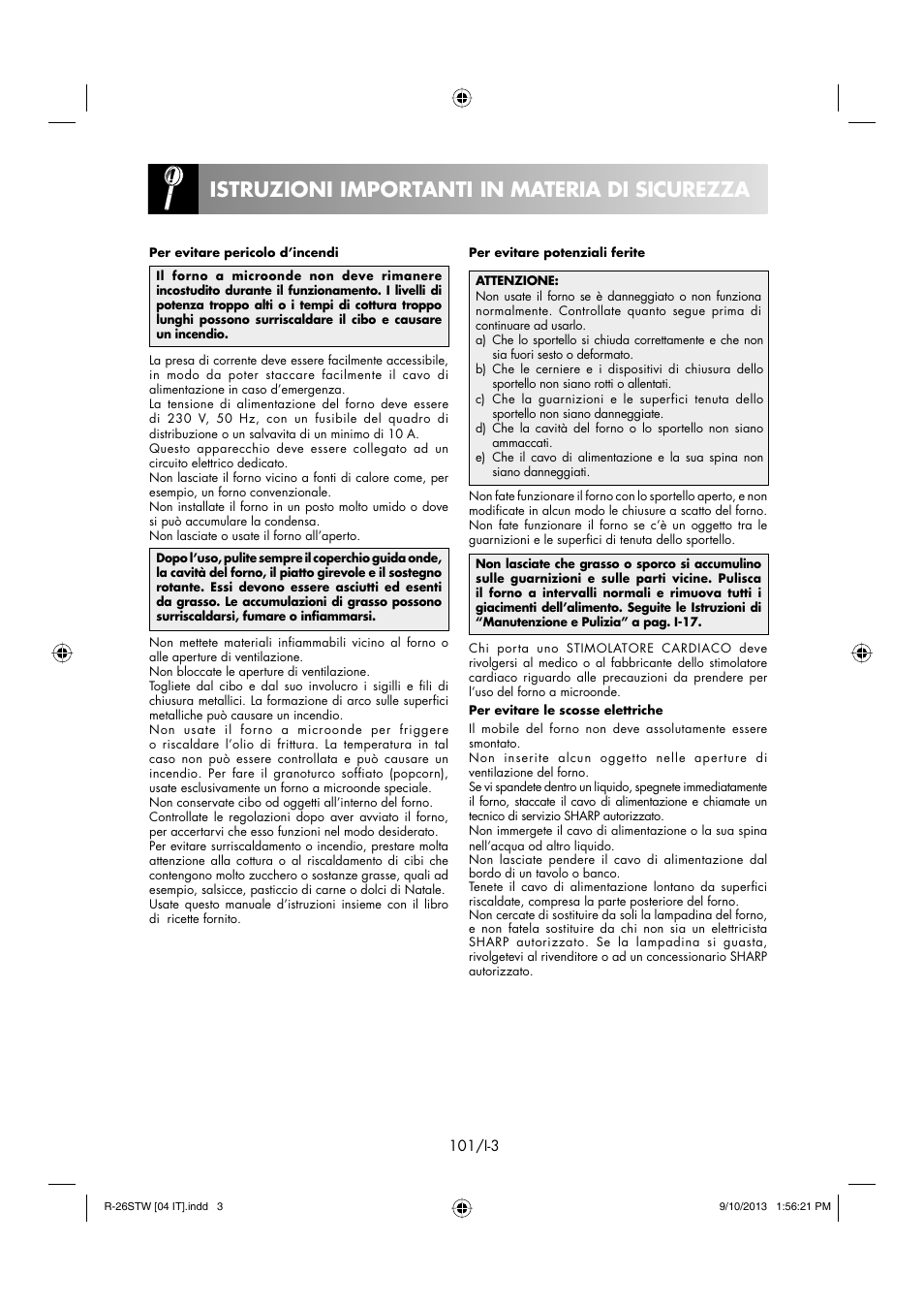 Istruzioni importanti in materia di sicurezza | Sharp R-261STW User Manual | Page 102 / 188