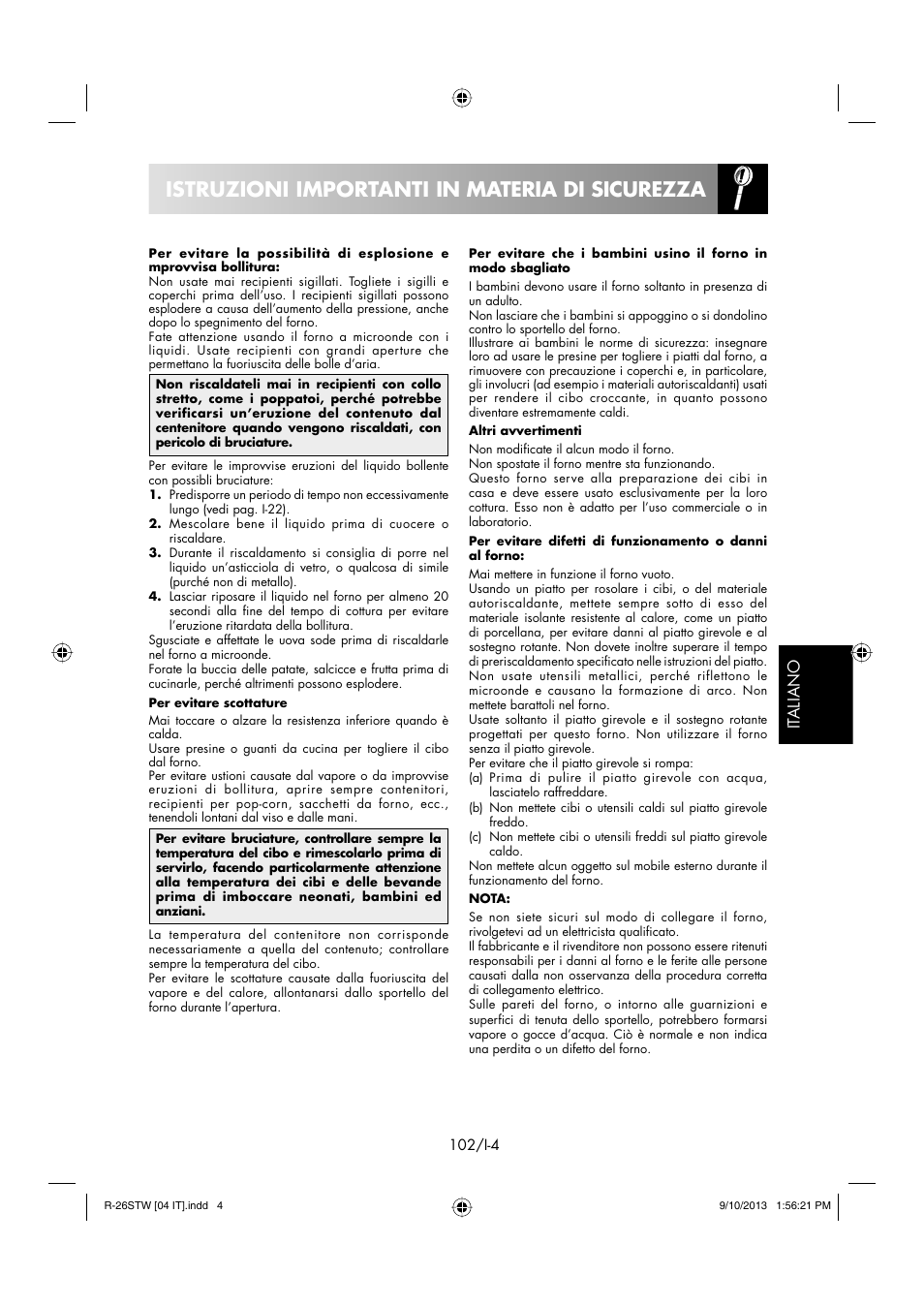 Istruzioni importanti in materia di sicurezza | Sharp R-261STW User Manual | Page 103 / 188
