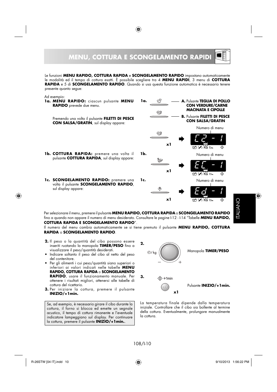 Menu, cottura e scongelamento rapidi, It aliano | Sharp R-261STW User Manual | Page 109 / 188