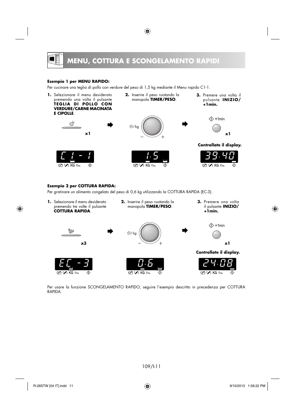 Menu, cottura e scongelamento rapidi | Sharp R-261STW User Manual | Page 110 / 188