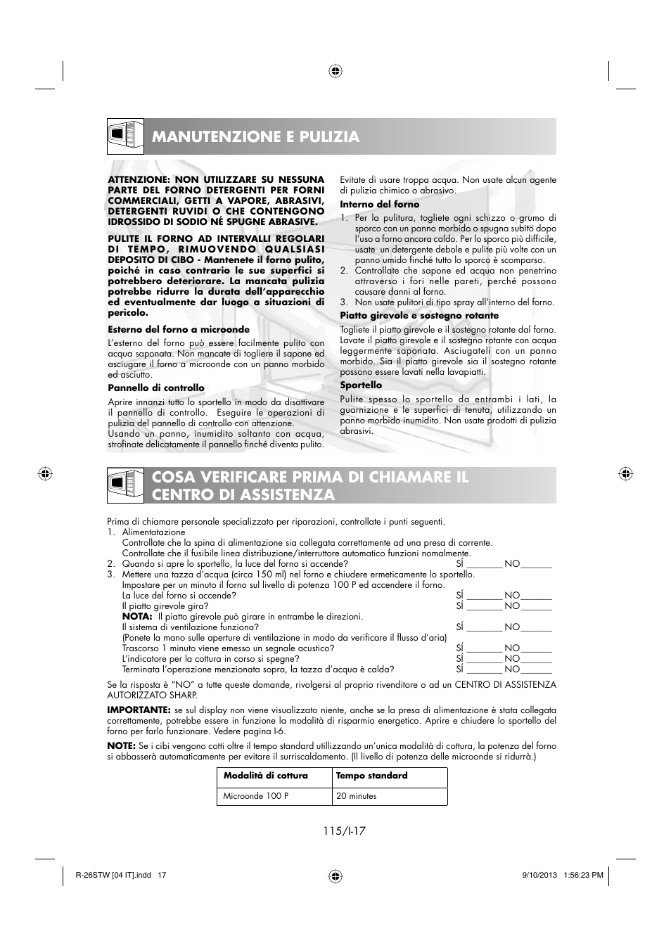 Manutenzione e pulizia | Sharp R-261STW User Manual | Page 116 / 188