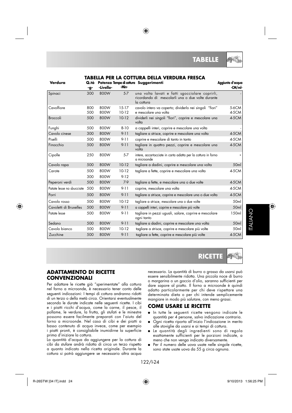 Tabelle, Ricette, It aliano | Adattamento di ricette convenzionali, Come usare le ricette | Sharp R-261STW User Manual | Page 123 / 188