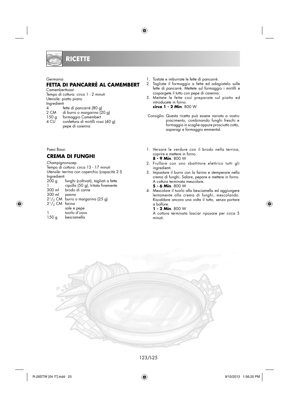 Ricette, Fetta di pancarrè al camembert, Crema di funghi | Sharp R-261STW User Manual | Page 124 / 188
