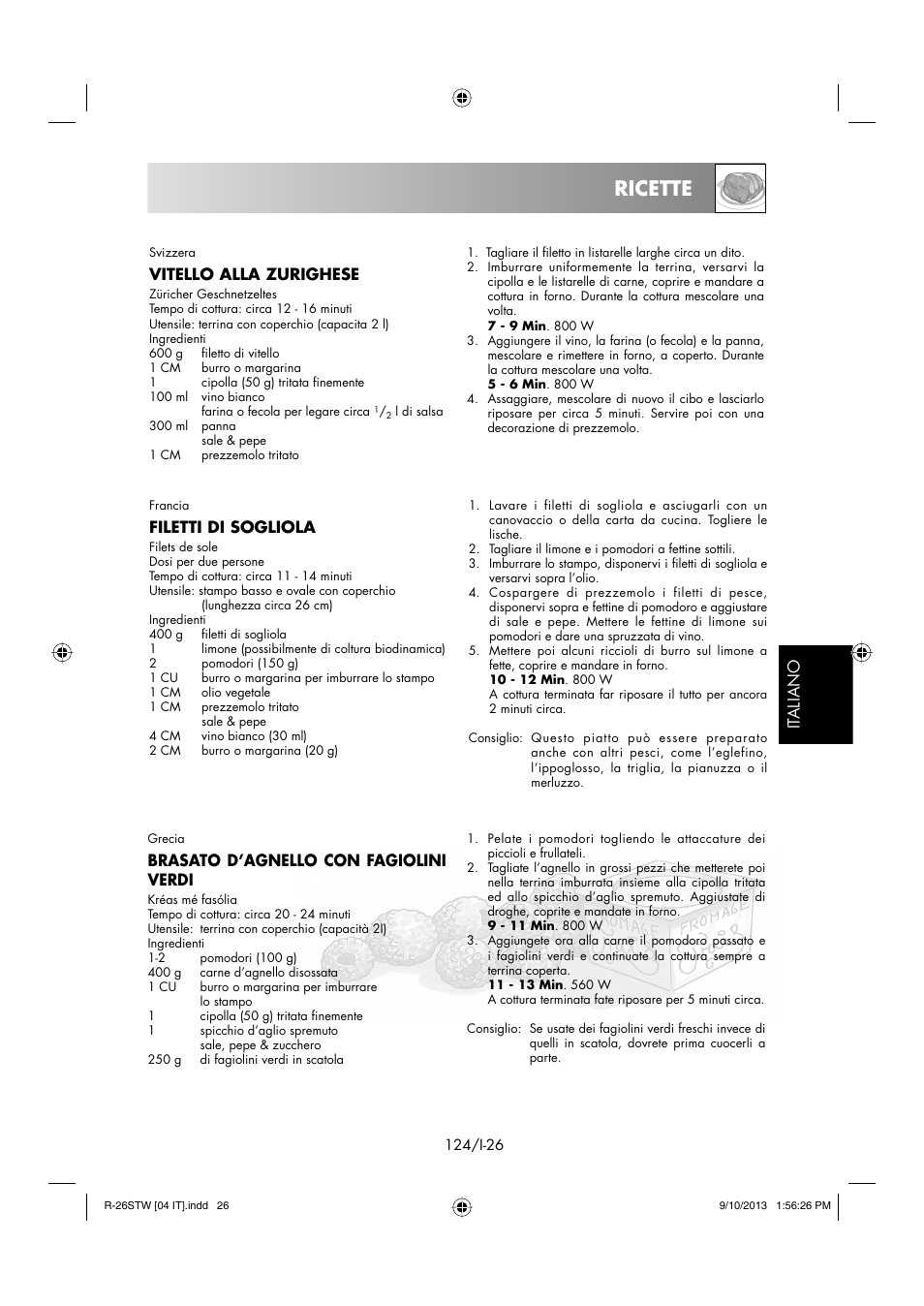 Ricette, It aliano, Brasato d’agnello con fagiolini verdi | Vitello alla zurighese, Filetti di sogliola | Sharp R-261STW User Manual | Page 125 / 188