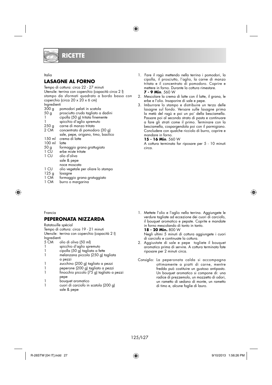 Ricette, Lasagne al forno, Peperonata nizzarda | Sharp R-261STW User Manual | Page 126 / 188
