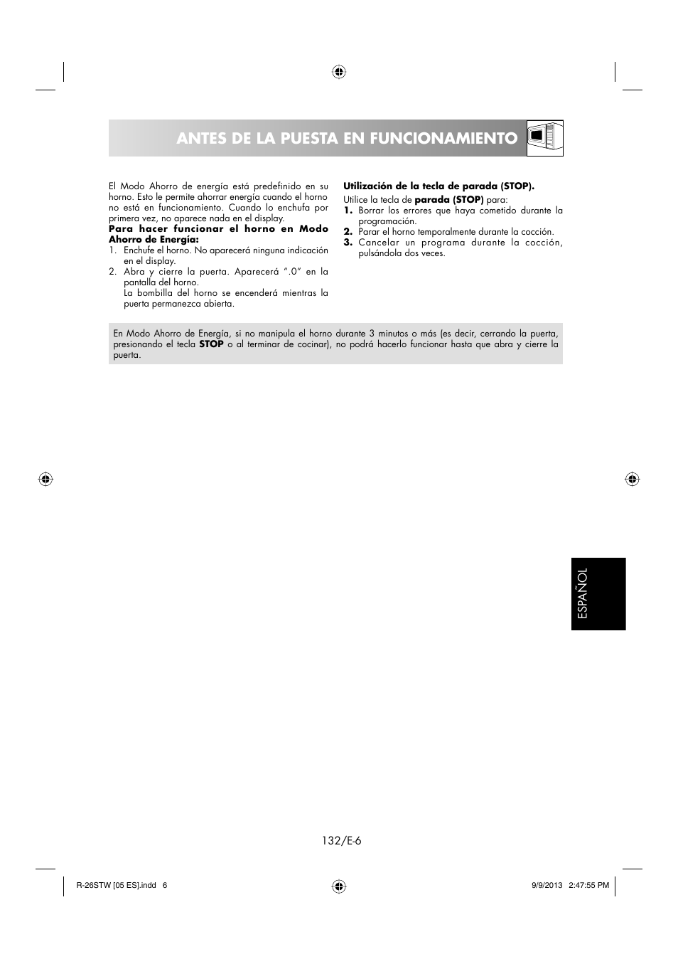 Antes de la puesta en funcionamiento | Sharp R-261STW User Manual | Page 133 / 188