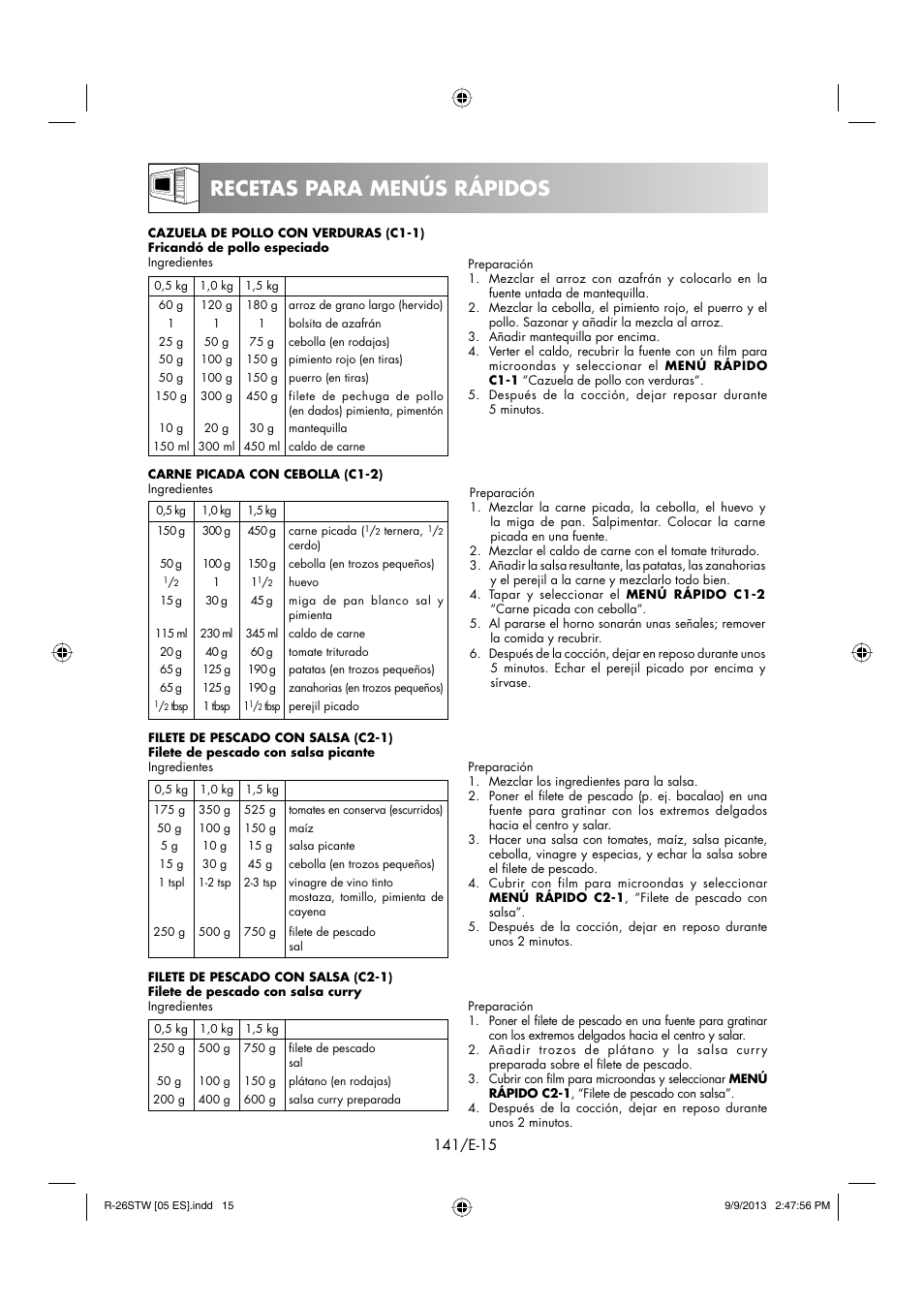 Recetas para menús rápidos | Sharp R-261STW User Manual | Page 142 / 188