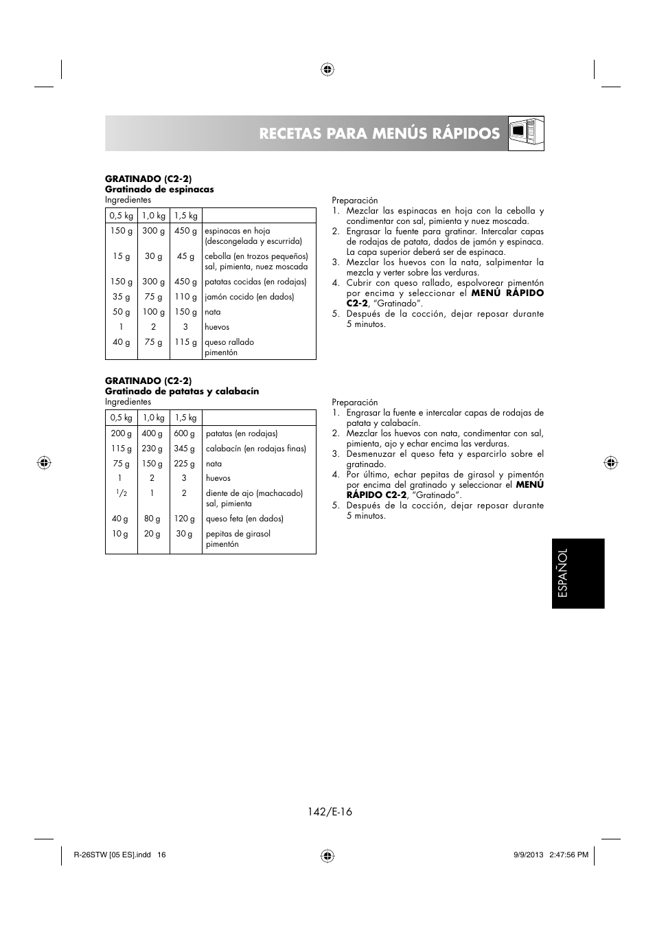 Recetas para menús rápidos, Esp añol | Sharp R-261STW User Manual | Page 143 / 188