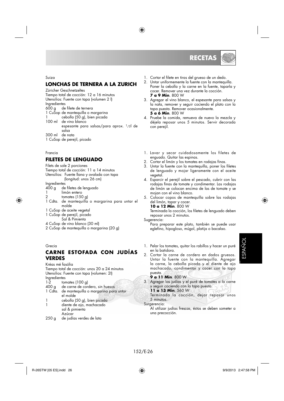 Recetas, Esp añol, Lonchas de ternera a la zurich | Filetes de lenguado, Carne estofada con judías verdes | Sharp R-261STW User Manual | Page 153 / 188