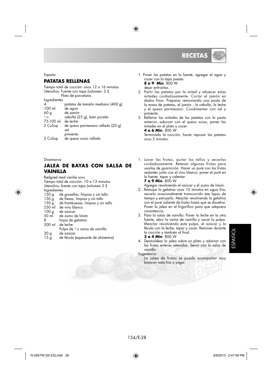 Recetas, Esp añol, Patatas rellenas | Jalea de bayas con salsa de vainilla | Sharp R-261STW User Manual | Page 155 / 188