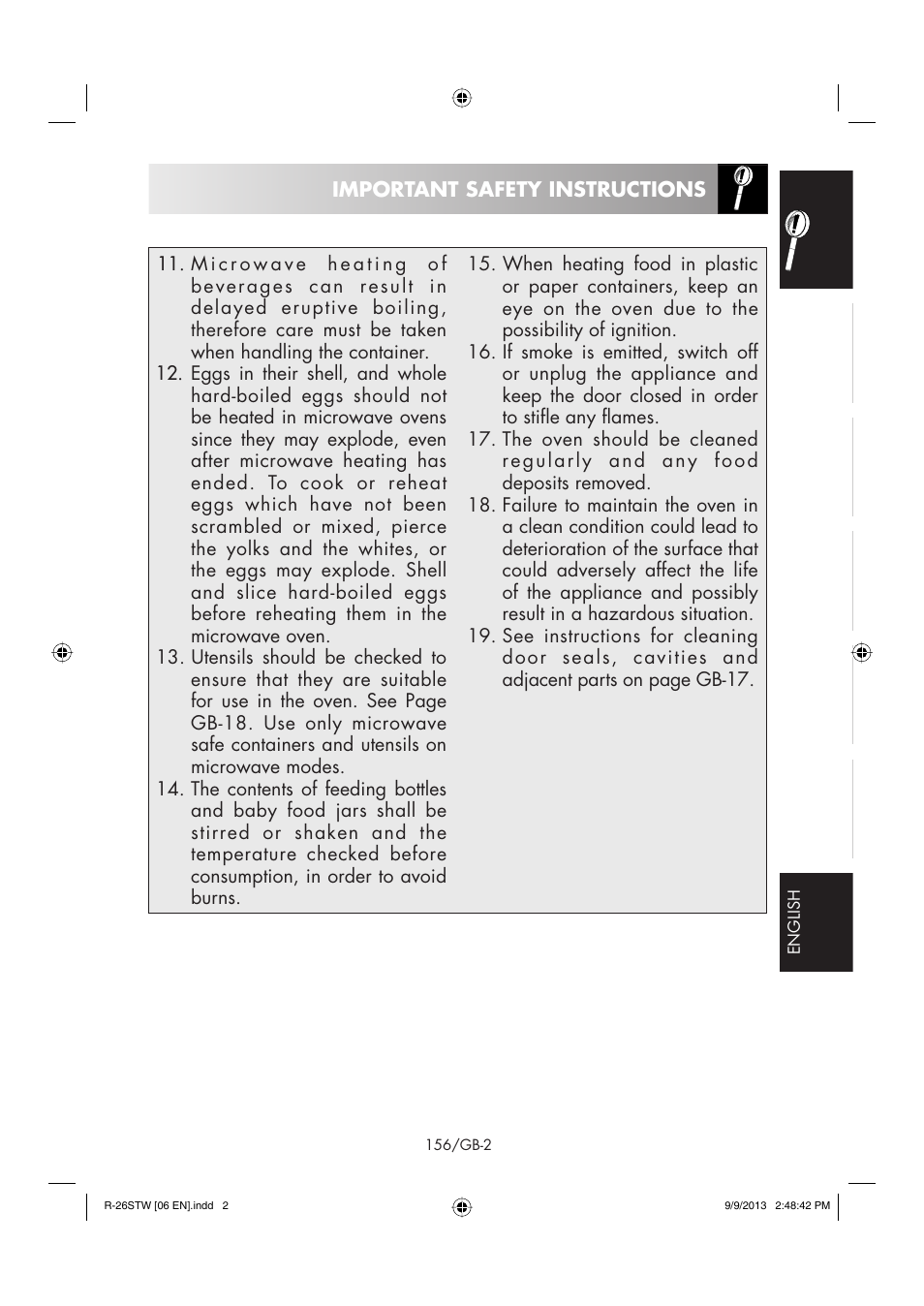Important safety instructions | Sharp R-261STW User Manual | Page 157 / 188