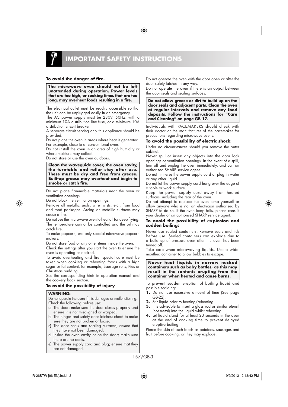 Important safety instructions | Sharp R-261STW User Manual | Page 158 / 188