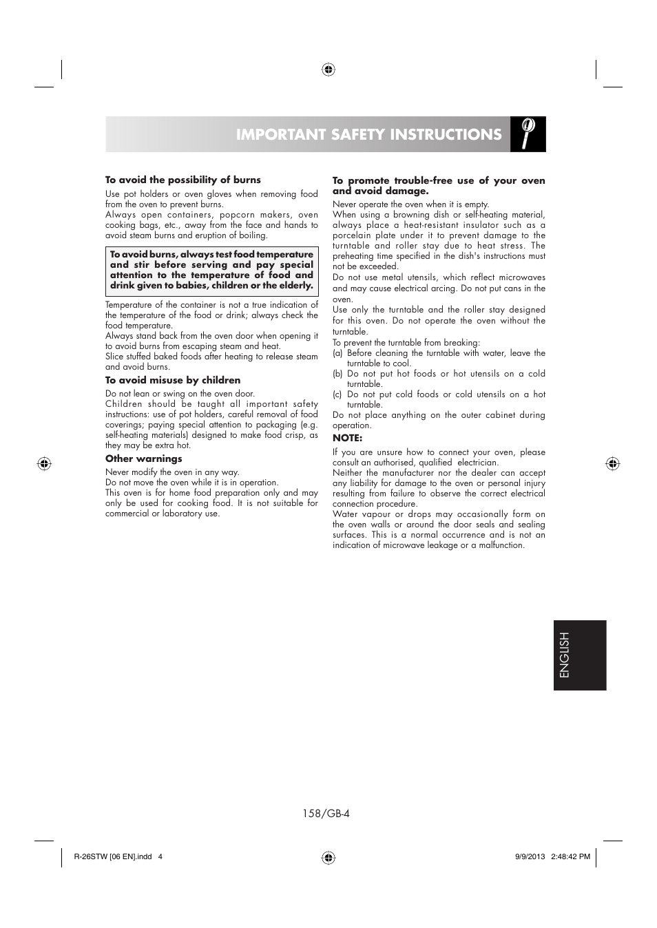 Important safety instructions | Sharp R-261STW User Manual | Page 159 / 188