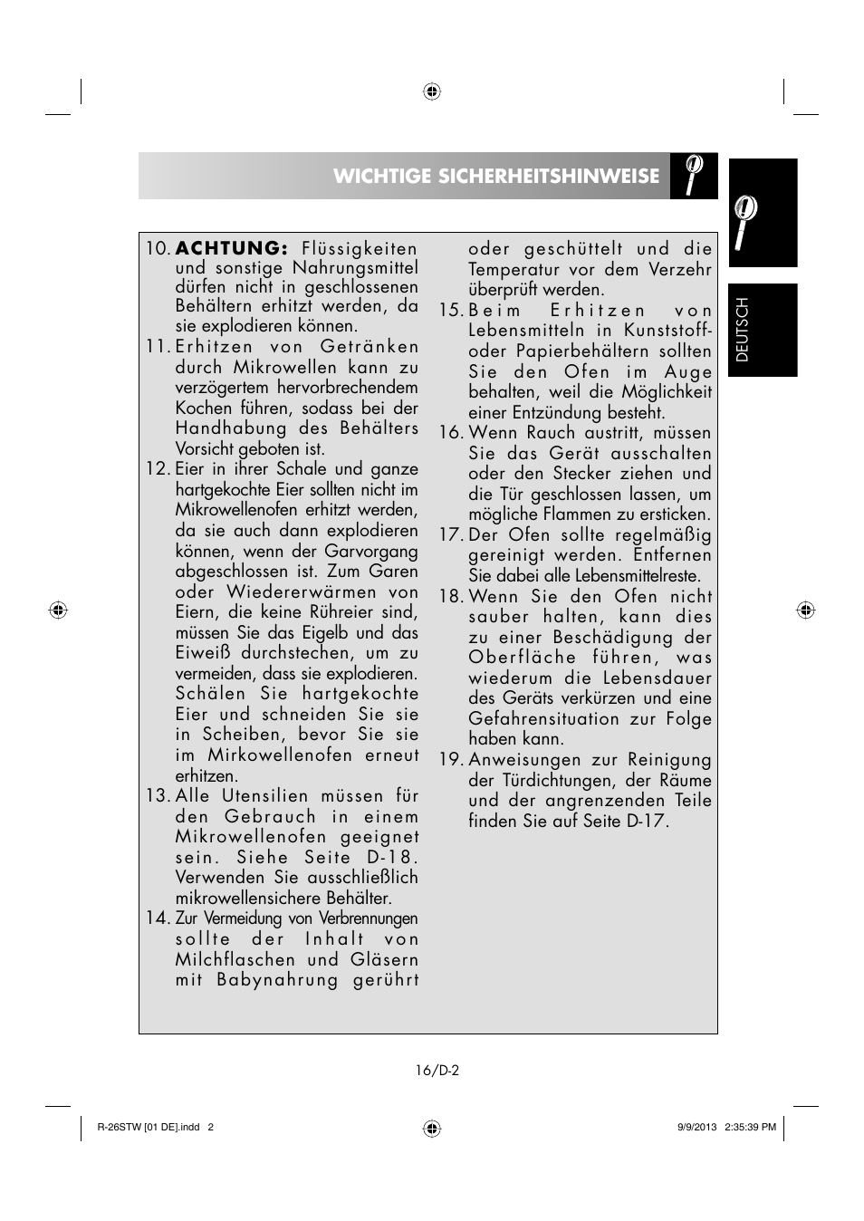 Wichtige sicherheitshinweise | Sharp R-261STW User Manual | Page 17 / 188