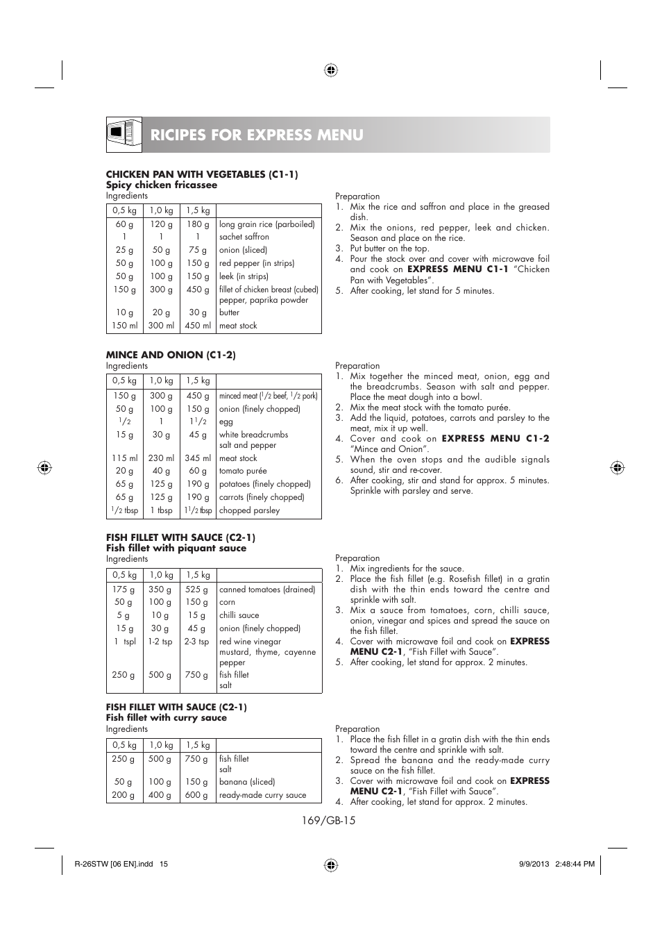 Ricipes for express menu | Sharp R-261STW User Manual | Page 170 / 188