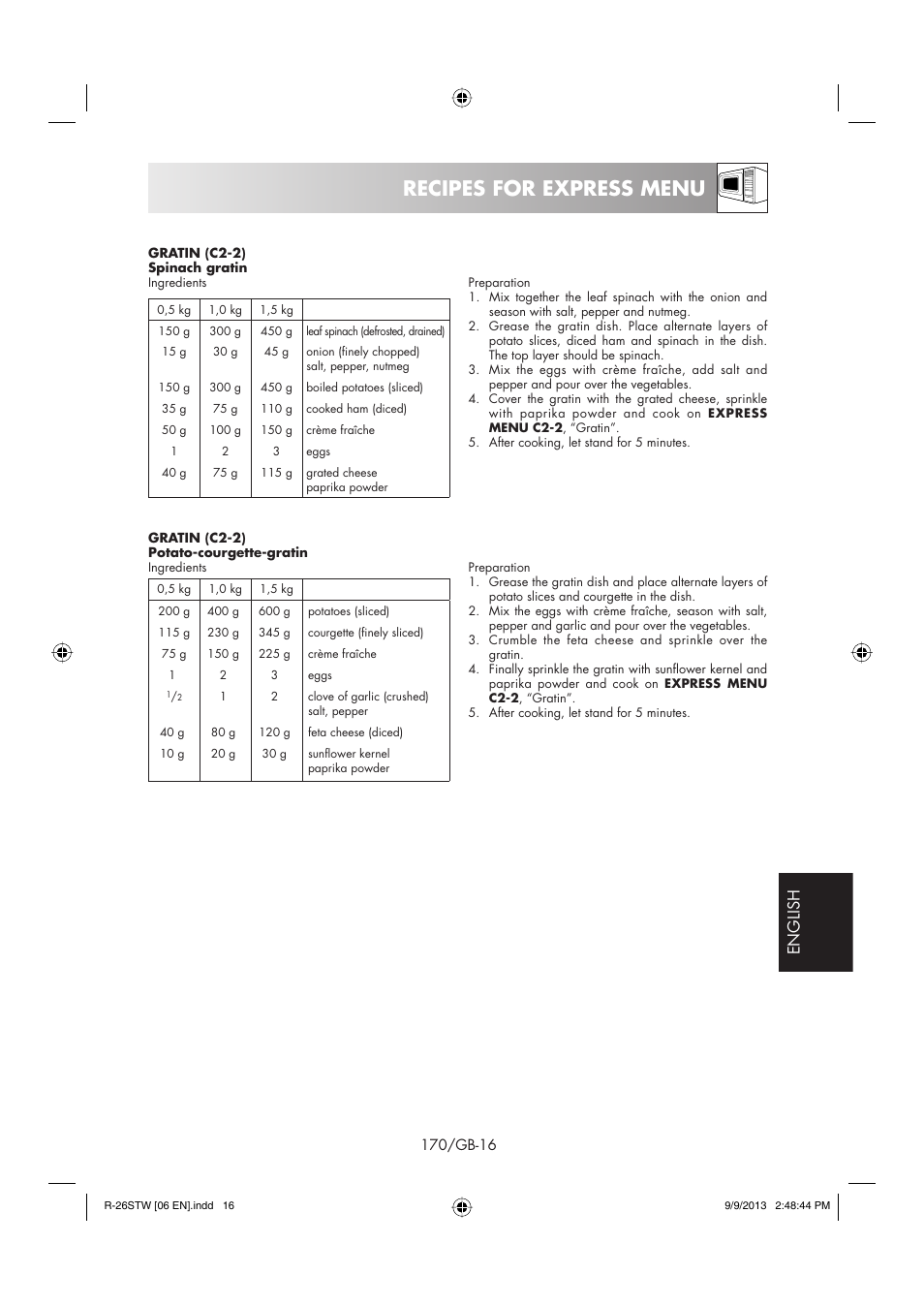 Recipes for express menu, English | Sharp R-261STW User Manual | Page 171 / 188