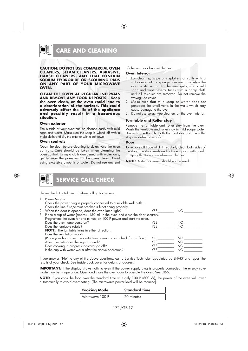 Care and cleaning, Service call check | Sharp R-261STW User Manual | Page 172 / 188