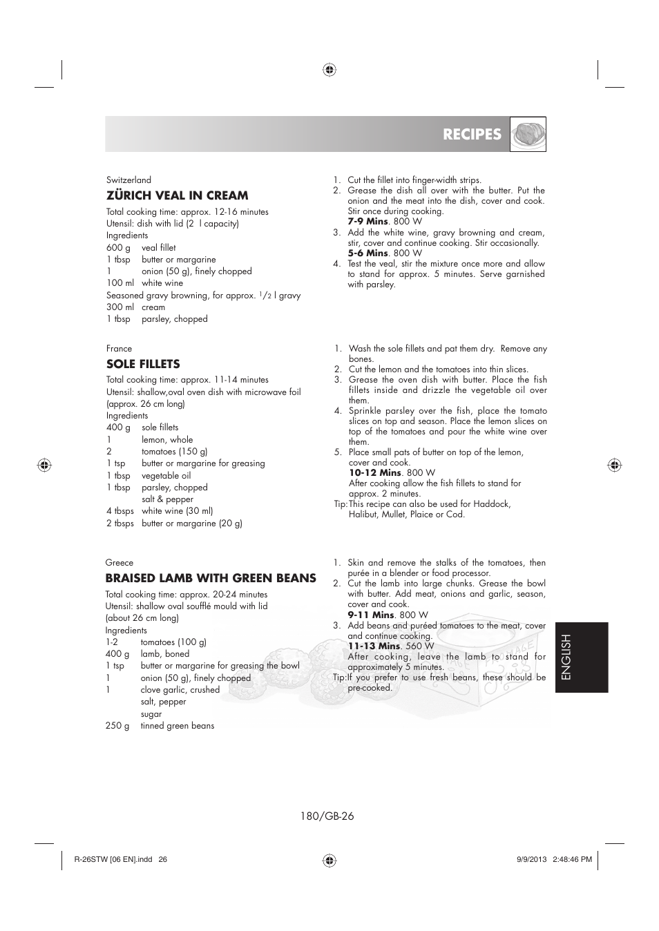 Recipes, English, Braised lamb with green beans | Zürich veal in cream, Sole fillets | Sharp R-261STW User Manual | Page 181 / 188