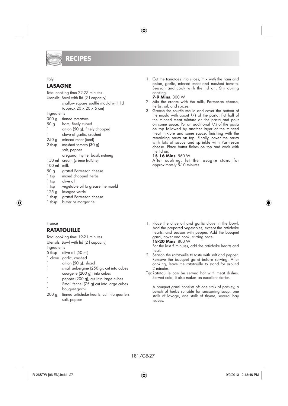 Recipes, Lasagne, Ratatouille | Sharp R-261STW User Manual | Page 182 / 188