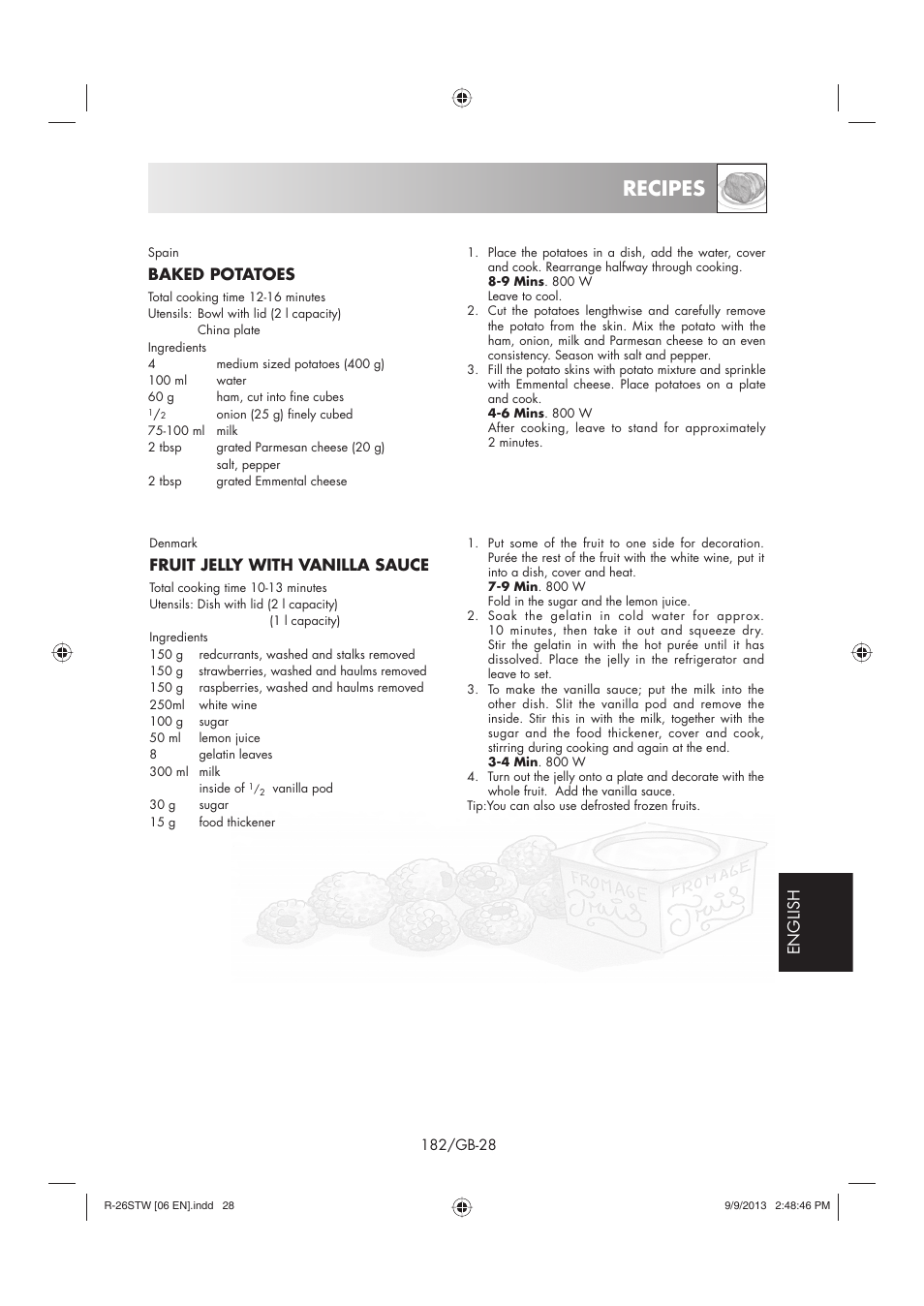 Recipes, English, Baked potatoes | Fruit jelly with vanilla sauce | Sharp R-261STW User Manual | Page 183 / 188