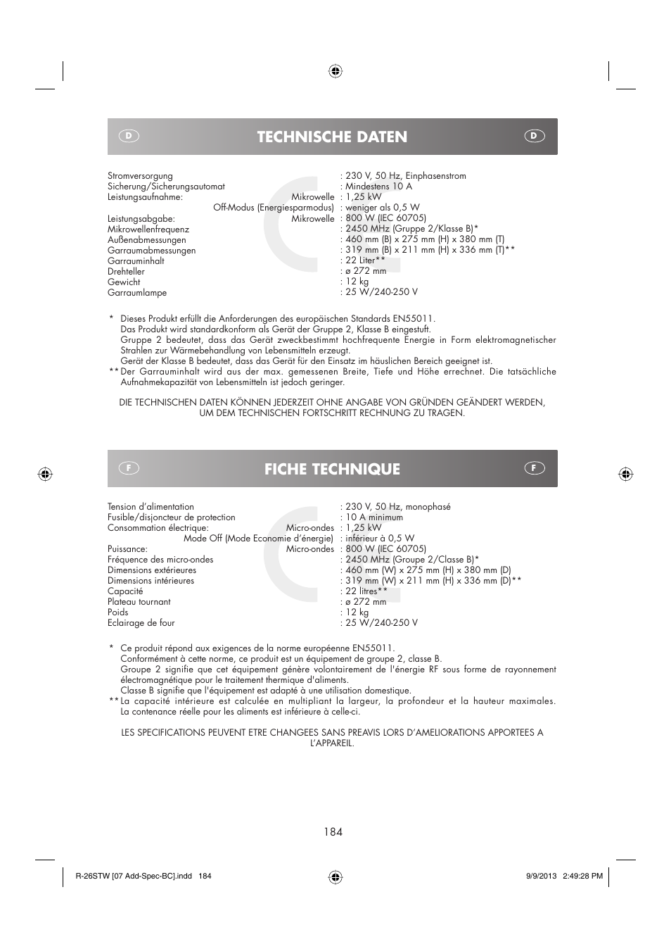 Fiche technique, Technische daten | Sharp R-261STW User Manual | Page 185 / 188