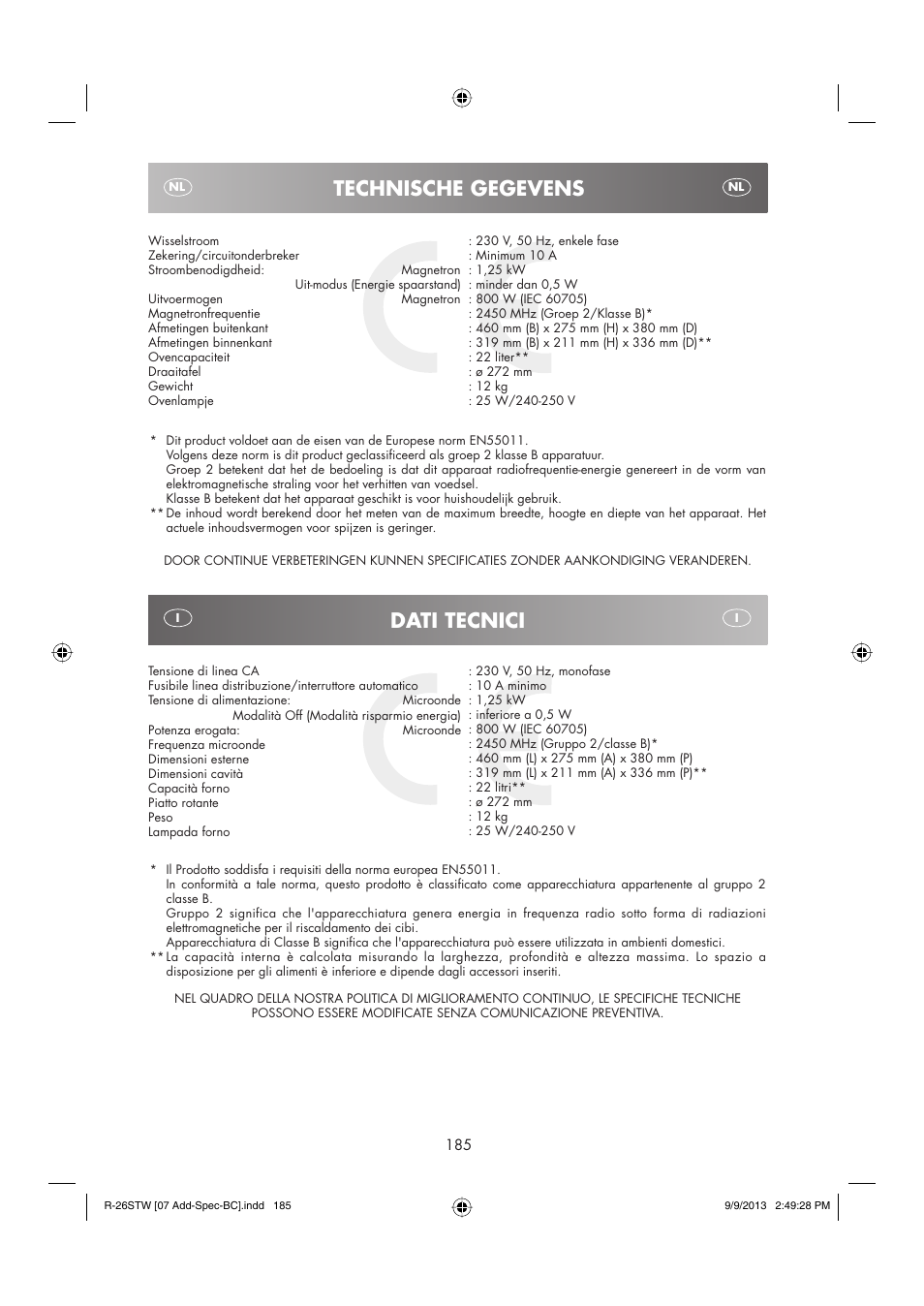 Dati tecnici, Technische gegevens | Sharp R-261STW User Manual | Page 186 / 188
