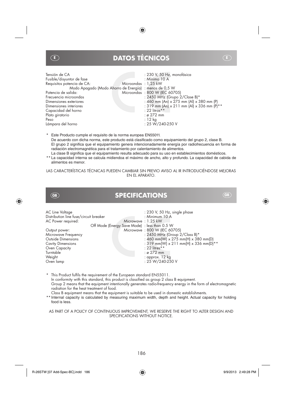 Datos técnicos, Specifications | Sharp R-261STW User Manual | Page 187 / 188