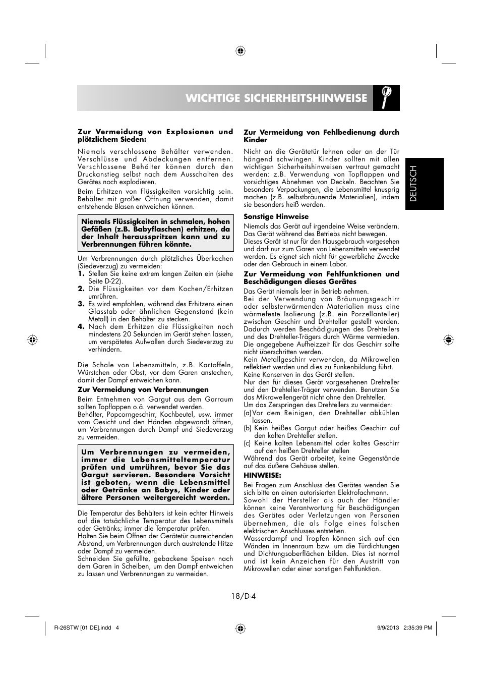 Wichtige sicherheitshinweise | Sharp R-261STW User Manual | Page 19 / 188