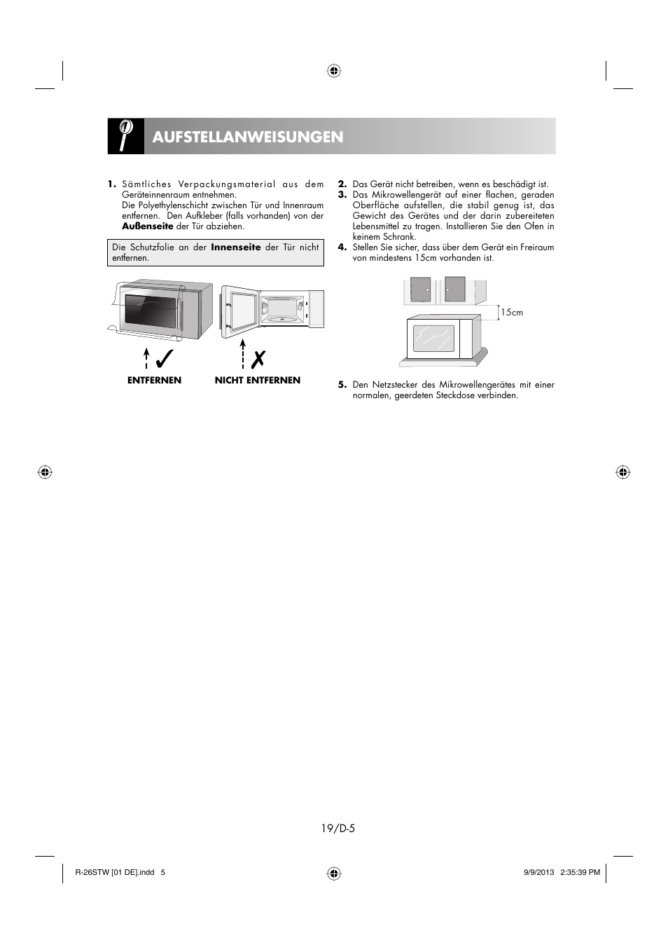 Aufstellanweisungen | Sharp R-261STW User Manual | Page 20 / 188