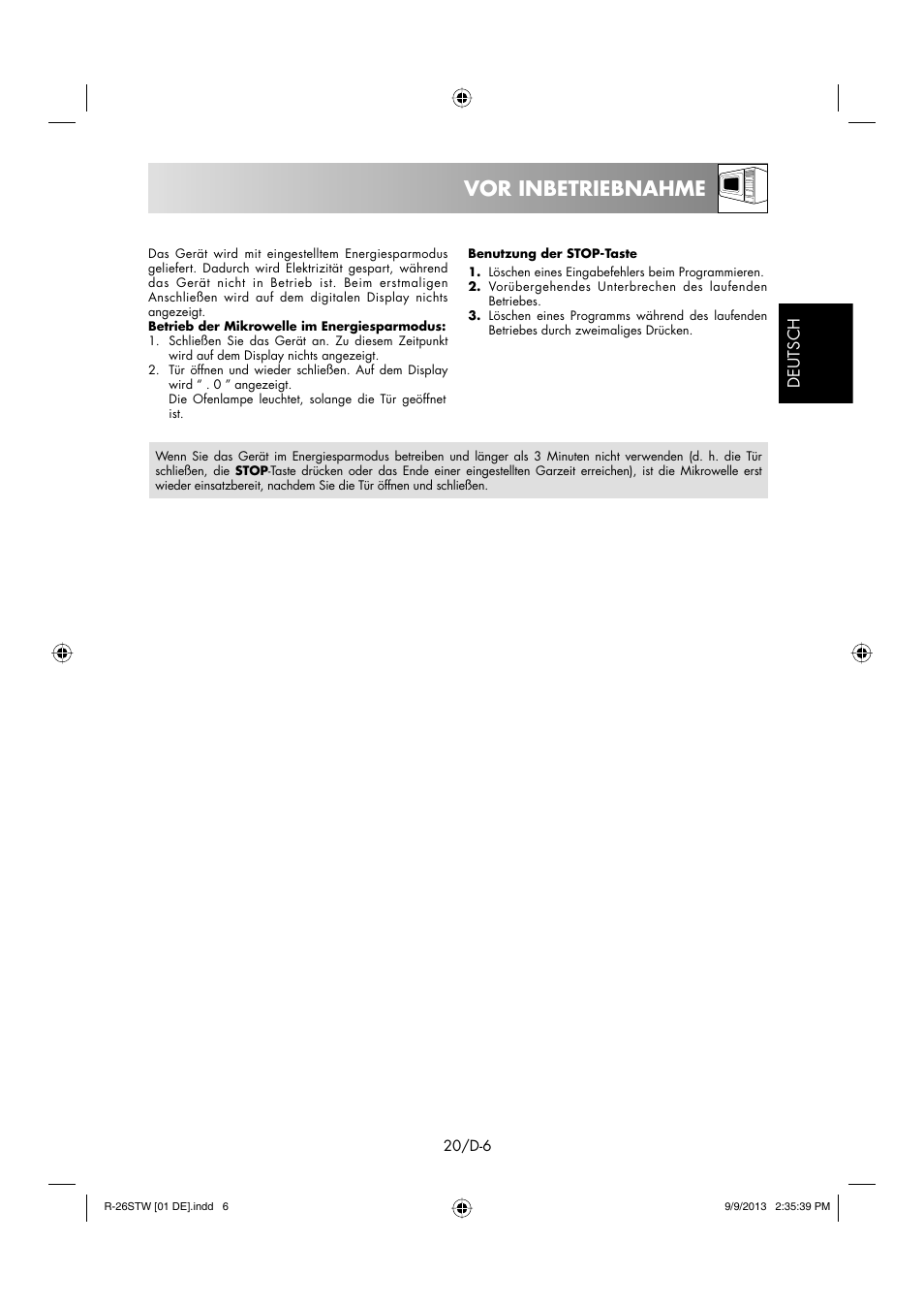 Vor inbetriebnahme | Sharp R-261STW User Manual | Page 21 / 188