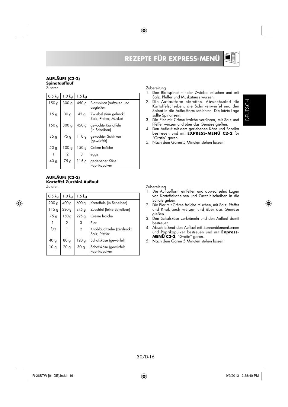 Rezepte für express-menü, Deutsch | Sharp R-261STW User Manual | Page 31 / 188