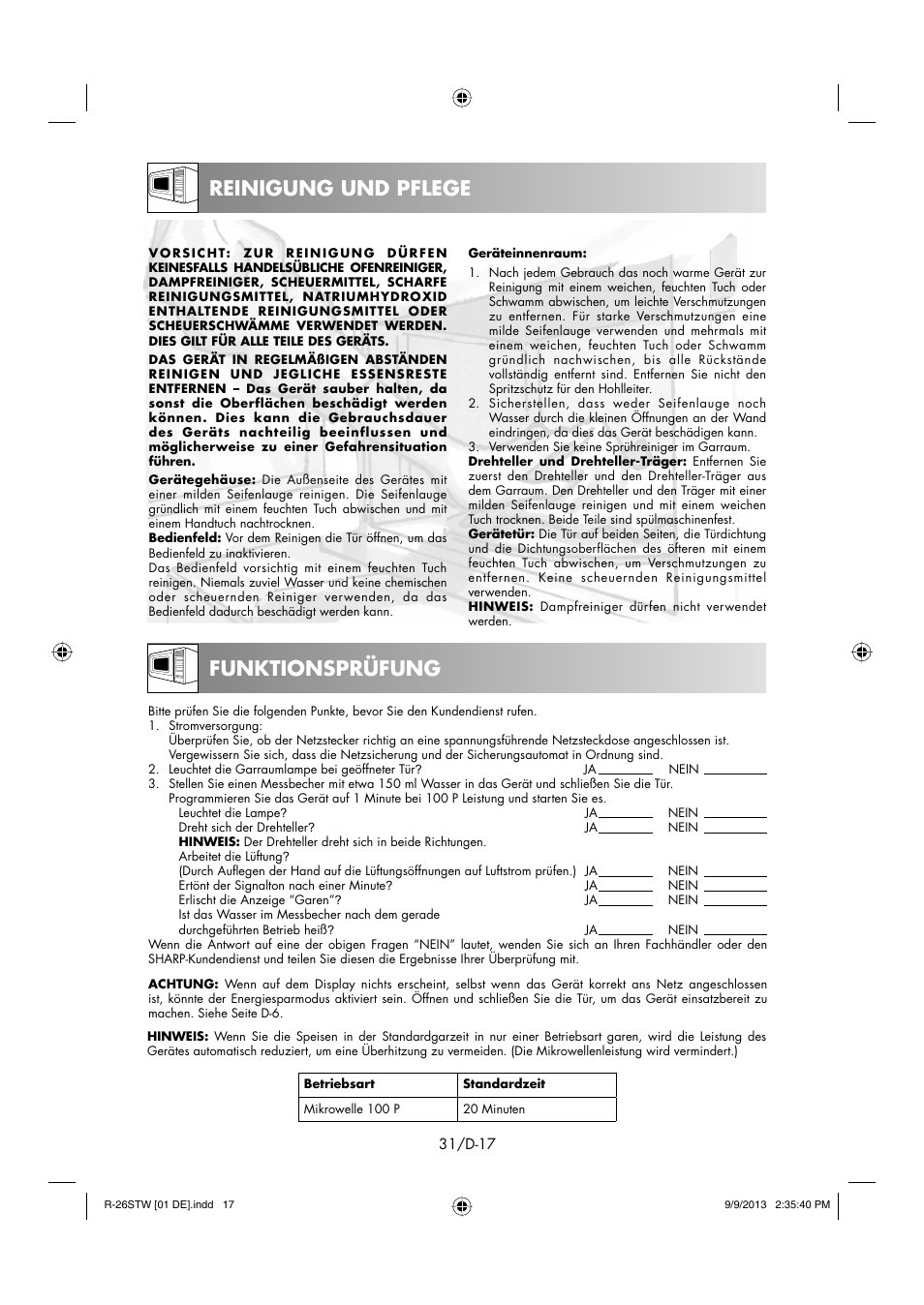 Reinigung und pflege, Funktionsprüfung | Sharp R-261STW User Manual | Page 32 / 188