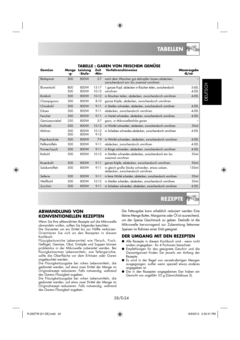 Rezepte tabellen, Deutsch abwandlung von konventionellen rezepten, Der umgang mit den rezepten | Sharp R-261STW User Manual | Page 39 / 188