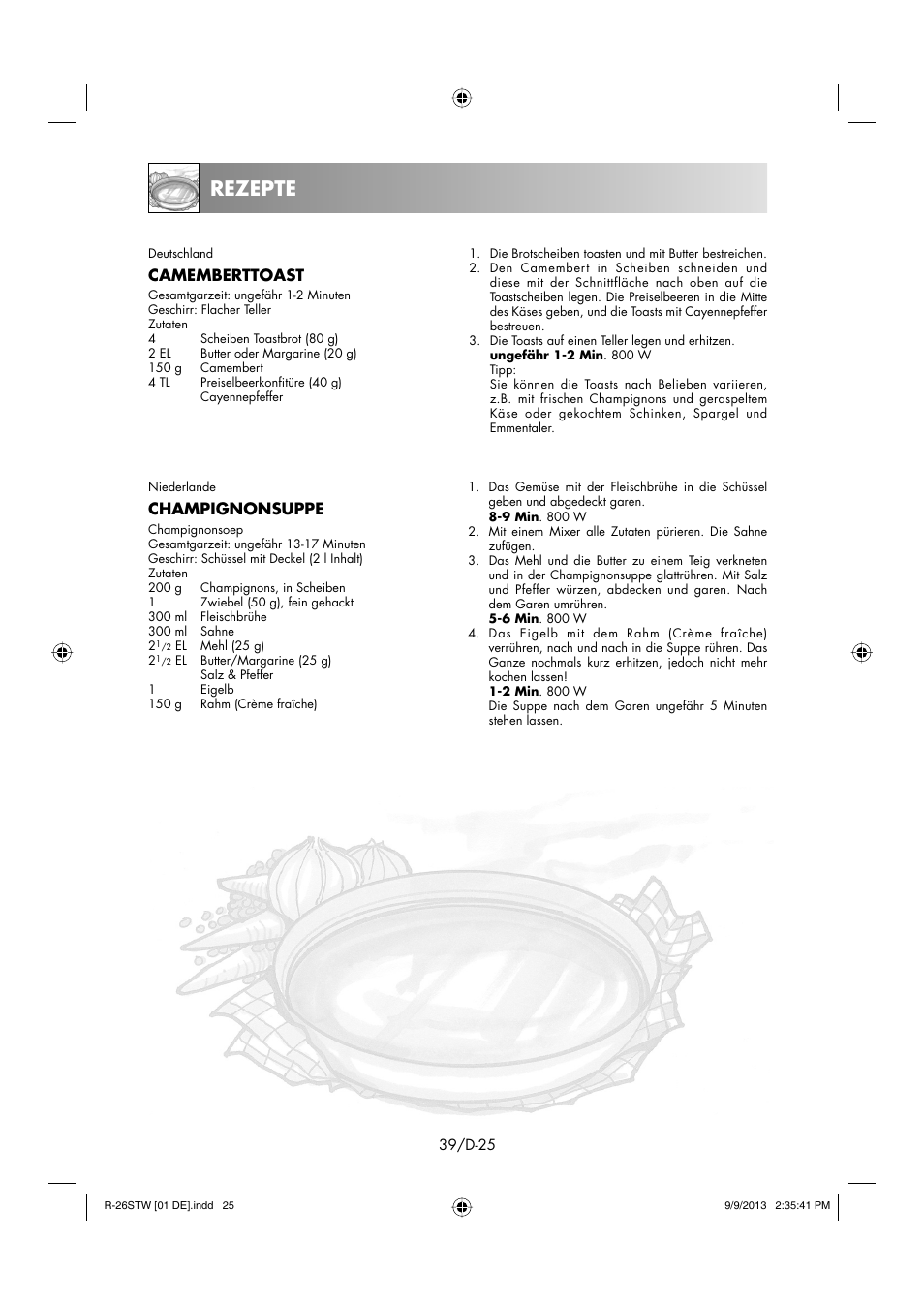 Rezepte, Camemberttoast, Champignonsuppe | Sharp R-261STW User Manual | Page 40 / 188