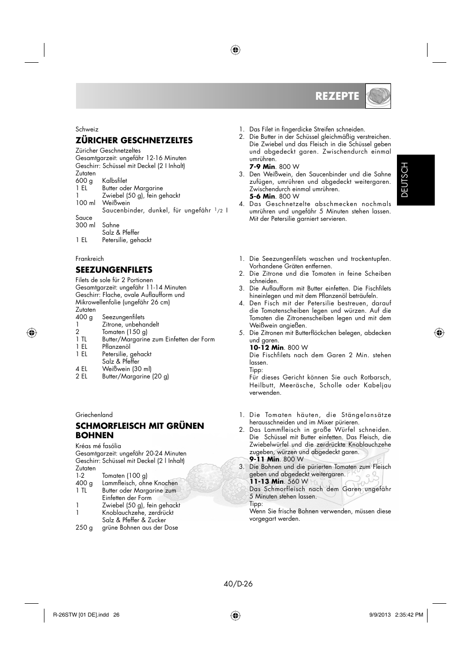 Rezepte, Deutsch, Züricher geschnetzeltes | Seezungenfilets, Schmorfleisch mit grünen bohnen | Sharp R-261STW User Manual | Page 41 / 188