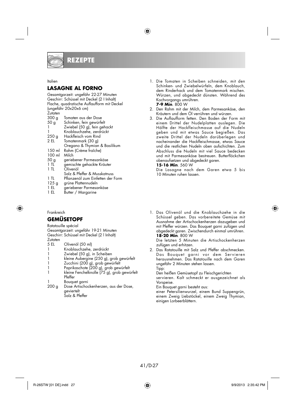 Rezepte, Lasagne al forno, Gemüsetopf | Sharp R-261STW User Manual | Page 42 / 188
