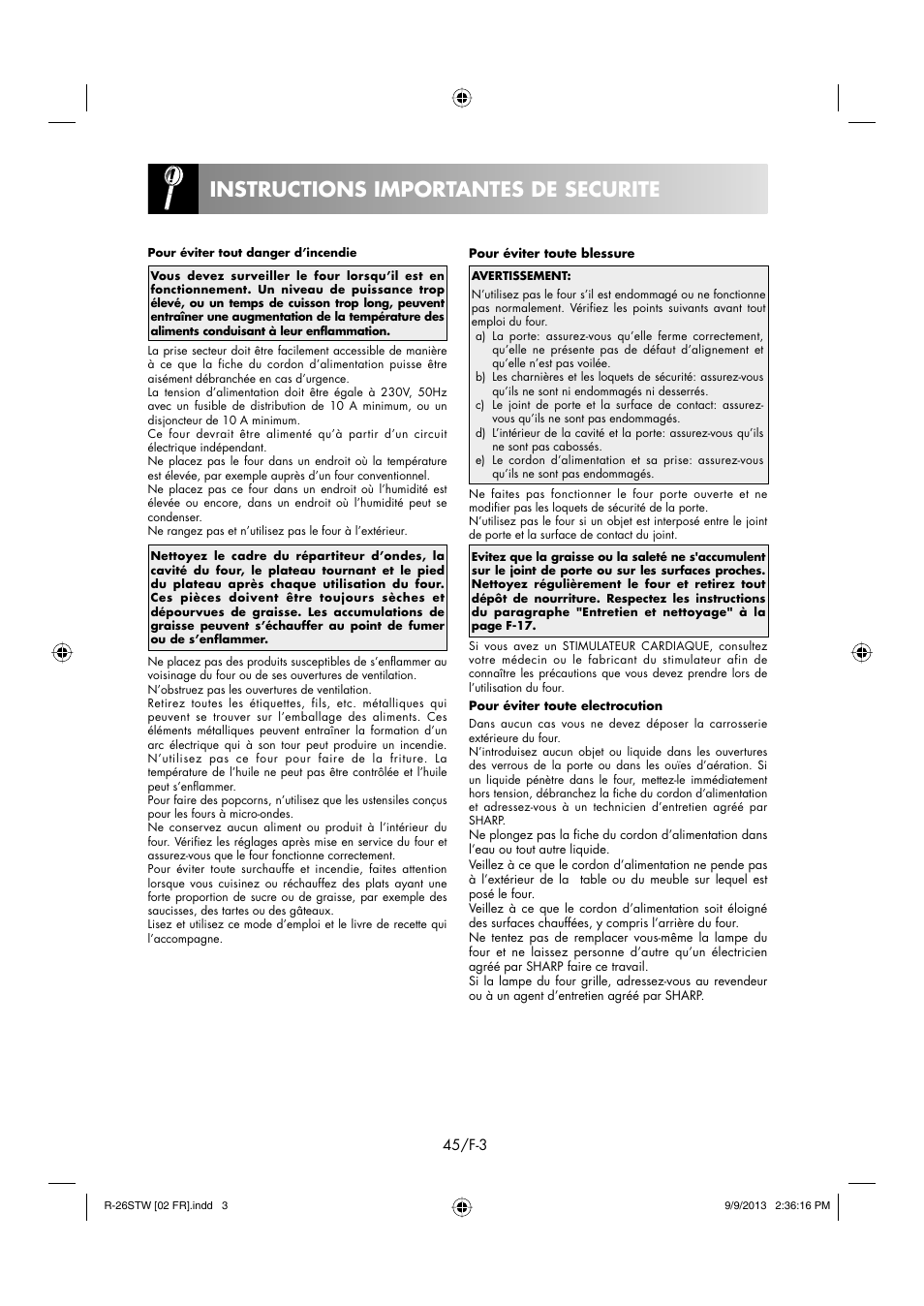 Instructions importantes de securite | Sharp R-261STW User Manual | Page 46 / 188