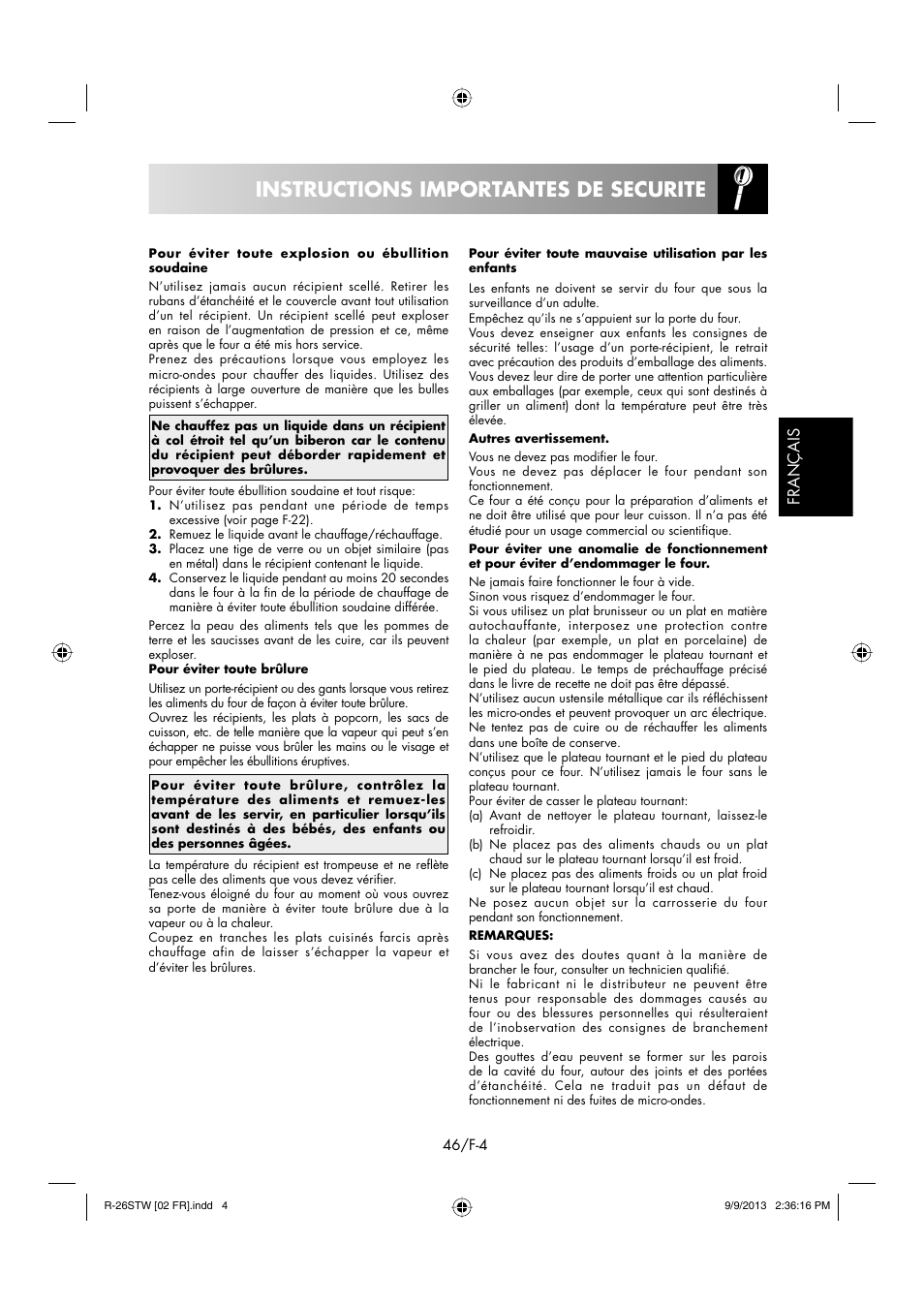 Instructions importantes de securite, Français | Sharp R-261STW User Manual | Page 47 / 188