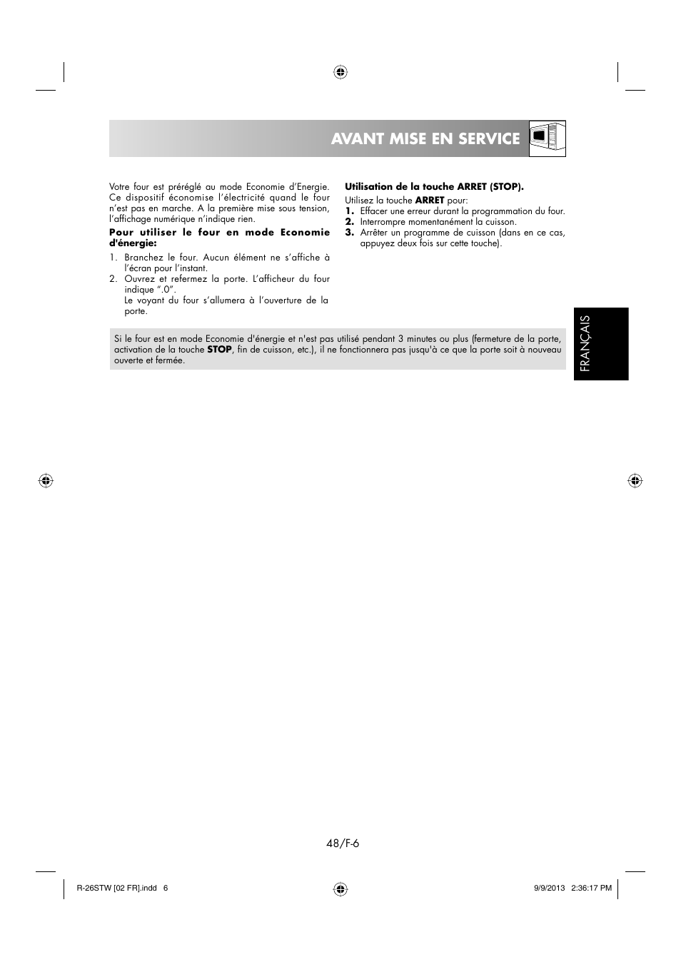 Avant mise en service | Sharp R-261STW User Manual | Page 49 / 188
