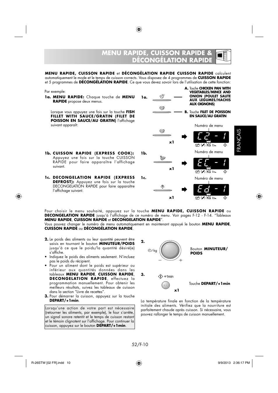 Menu rapide, cuisson rapide & décongélation rapide | Sharp R-261STW User Manual | Page 53 / 188