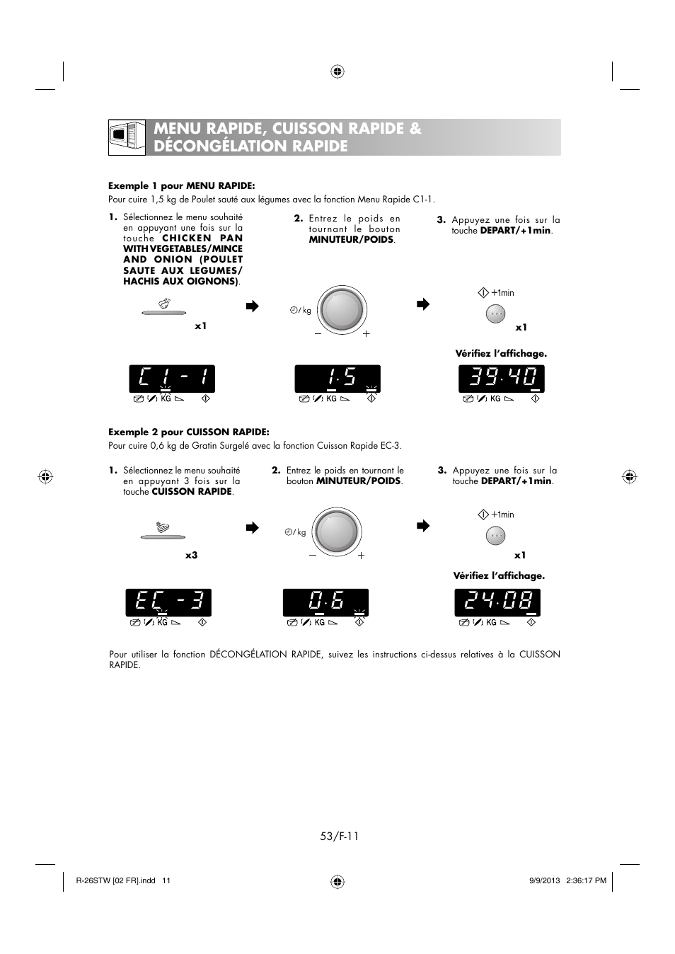 Menu rapide, cuisson rapide & décongélation rapide | Sharp R-261STW User Manual | Page 54 / 188