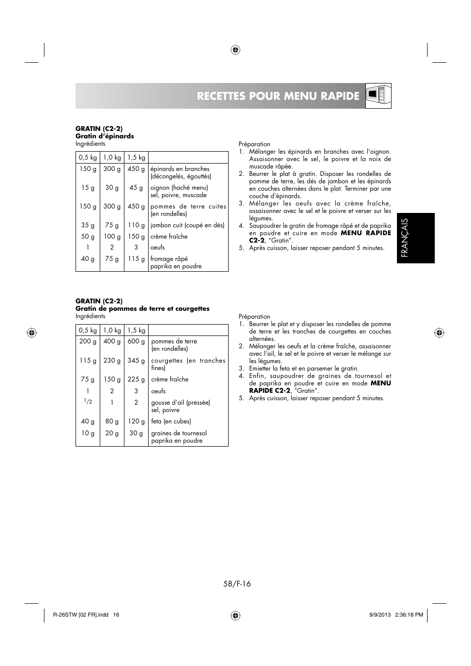 Recettes pour menu rapide, Français | Sharp R-261STW User Manual | Page 59 / 188