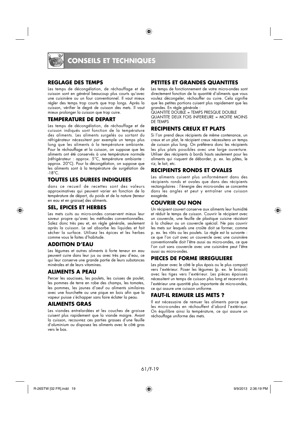Conseils et techniques | Sharp R-261STW User Manual | Page 62 / 188