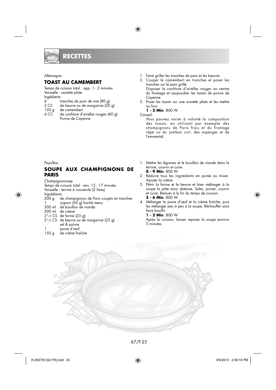Recettes, Toast au camembert, Soupe aux champignons de paris | Sharp R-261STW User Manual | Page 68 / 188