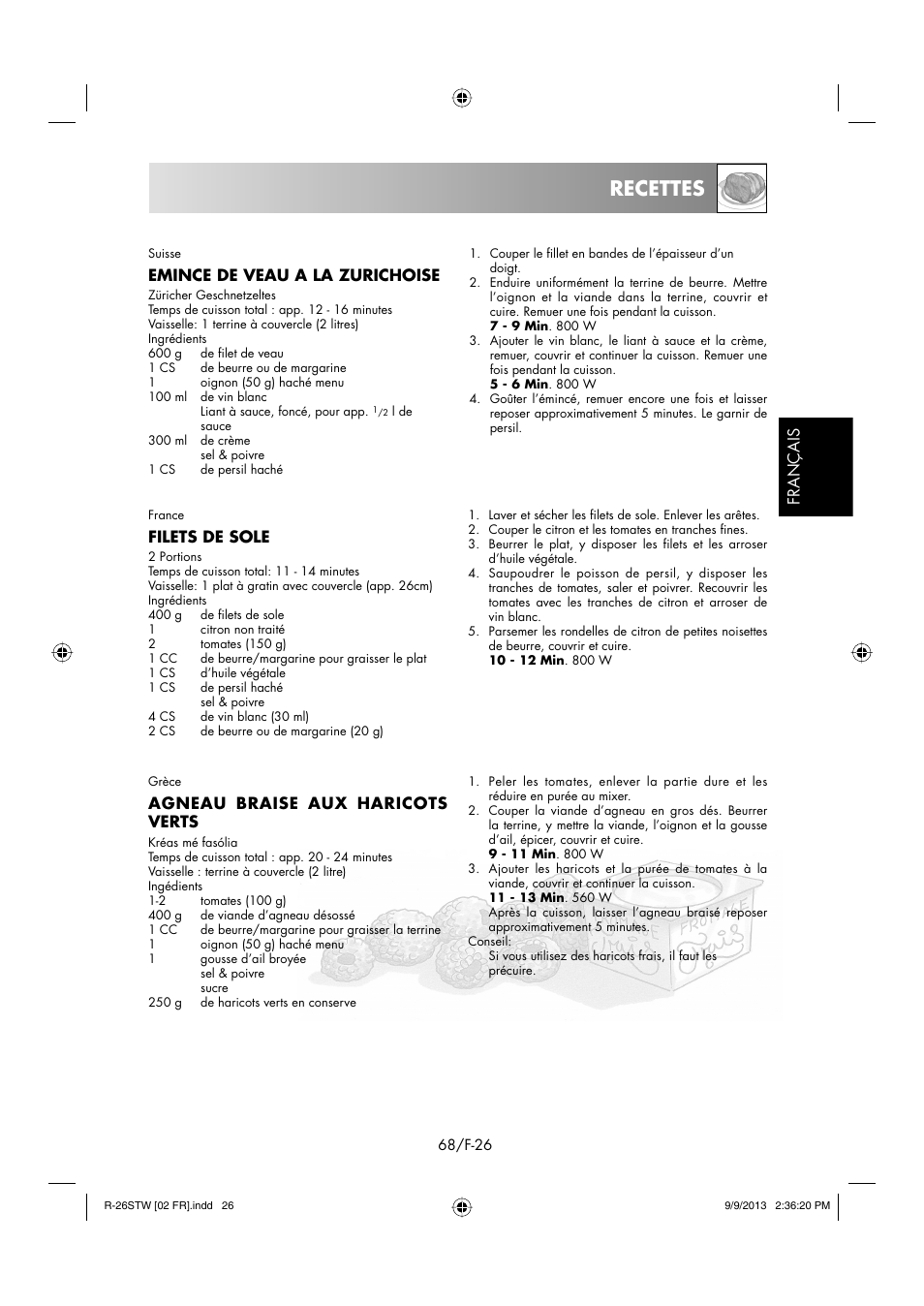 Recettes, Français, Emince de veau a la zurichoise | Filets de sole, Agneau braise aux haricots verts | Sharp R-261STW User Manual | Page 69 / 188