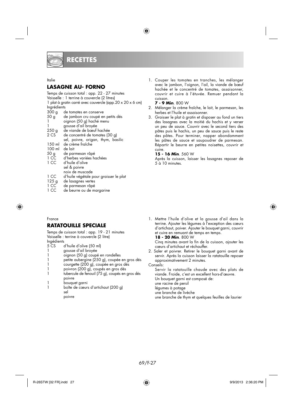 Recettes, Lasagne au- forno, Ratatouille speciale | Sharp R-261STW User Manual | Page 70 / 188