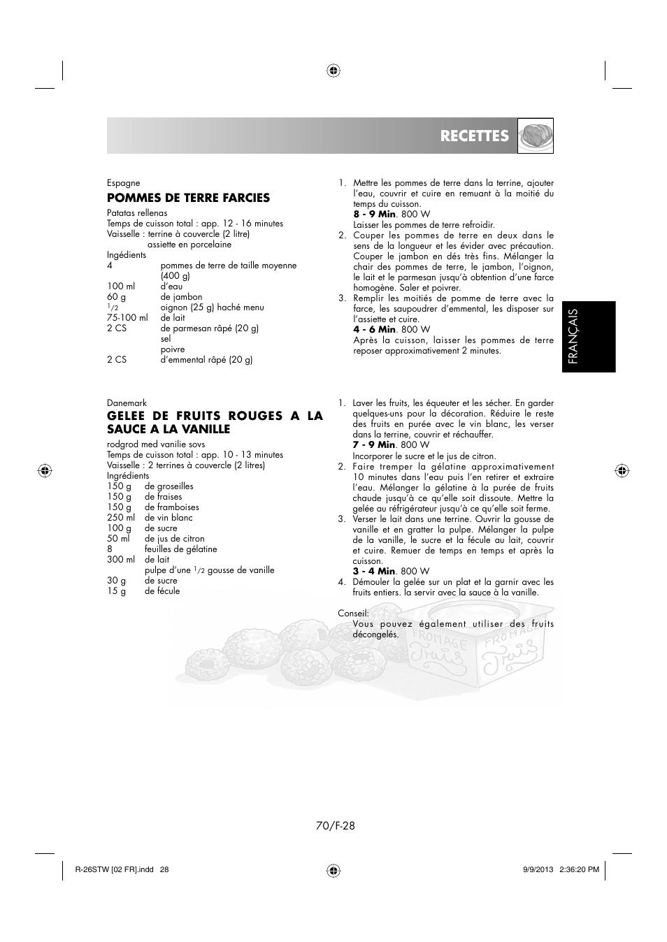 Recettes, Français, Pommes de terre farcies | Gelee de fruits rouges a la sauce a la vanille | Sharp R-261STW User Manual | Page 71 / 188